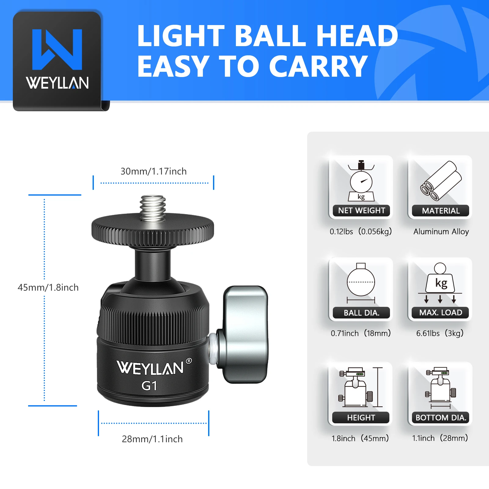 Weyllan-Mini tête de trépied G1 en métal CNC, support de chaussure froide, mini rotule, vis 1/4 pour appareil photo, support de téléphone, lumière