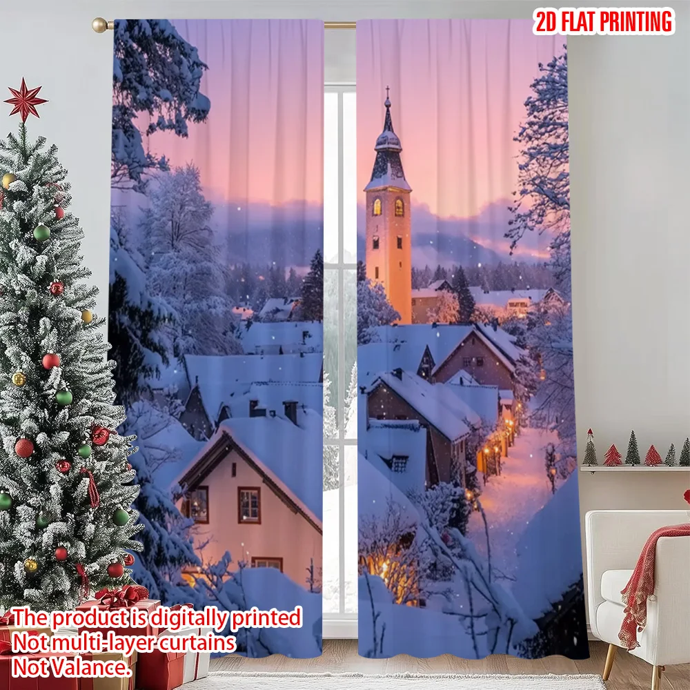 

2pcs 2D flat printing Merry Christmas Popular Curtains Winter_ Durable 100% Polyester Fabric Without Electricity Spring Use for
