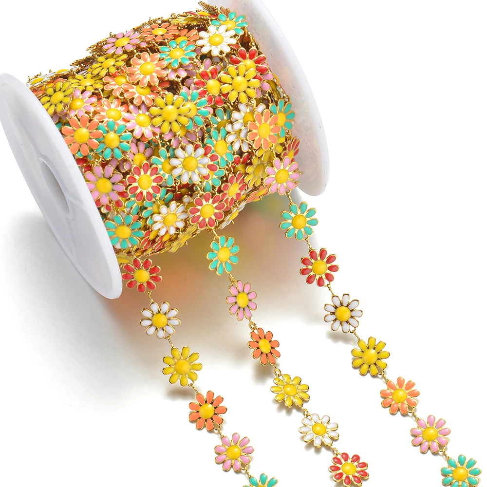 Großhandel 1m/Stück Edelstahl Goldfarben Emaille Sonnenblumen-Ketten für DIY-Halsketten, Schmuckherstellung, Armbänder, Fußkettchen – Detail 2