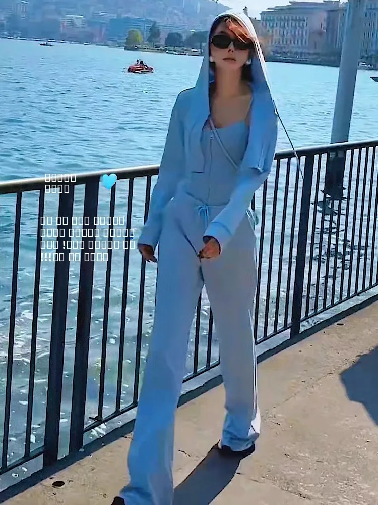 

Весенне-осенний новый синий спортивный костюм с капюшоном для женщин, повседневный комплект из двух предметов с высокой талией, модный и элегантный