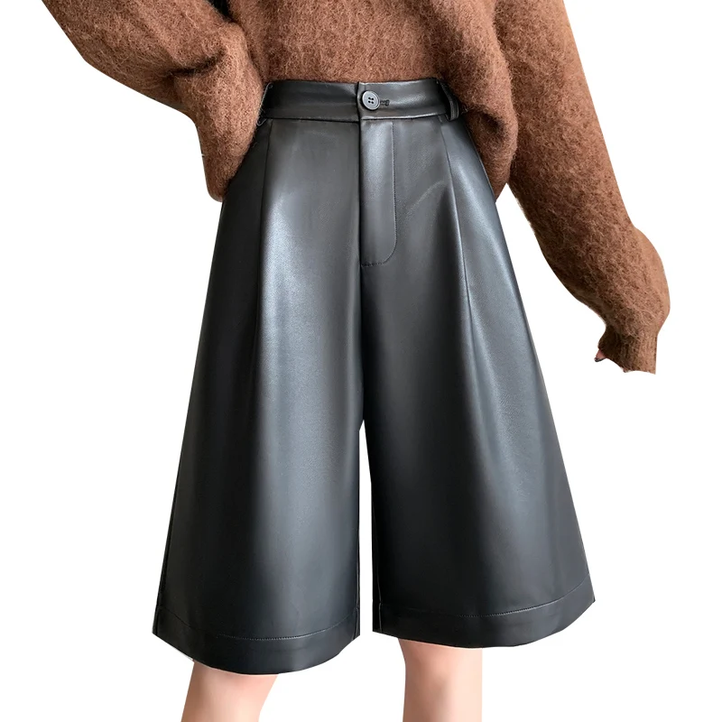 Herbst Winter PU Leder frauen Breite Bein Hose 2025, Neue Hohe Taille Taste Schwarz Vintage Casual Lose Halbe Hosen weibliche