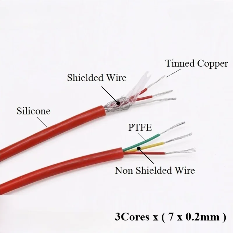 1/5/10m PT100 Thermocouple Wire 3 Cores Silicone PTFE Insulated Tinned Copper Stainless Steel Shielded Compensation Cable 200℃