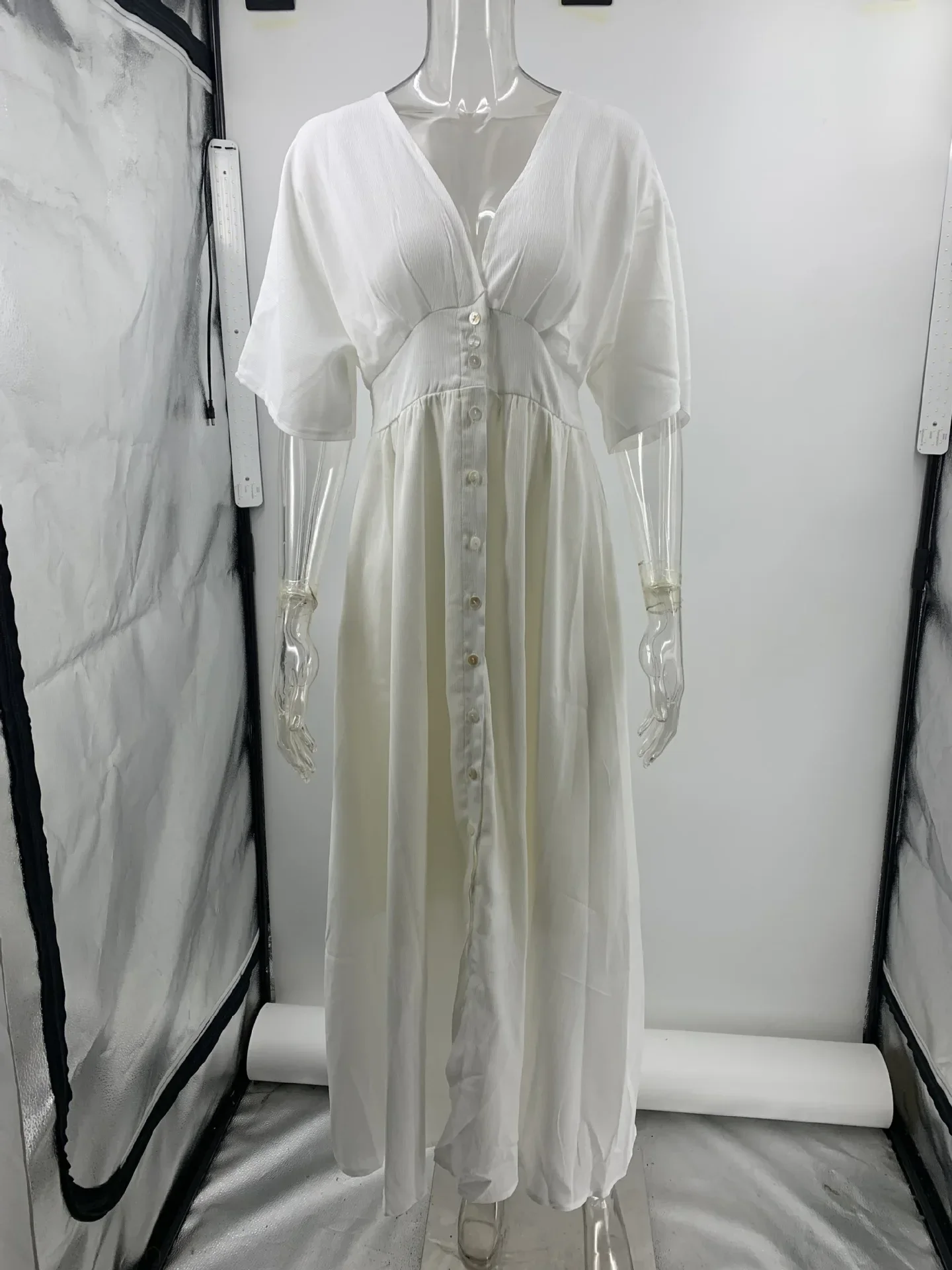 Robe longue en coton et lin pour femmes, col en v, simple boutonnage, élégante, sexy, vêtements décontractés, été 2024