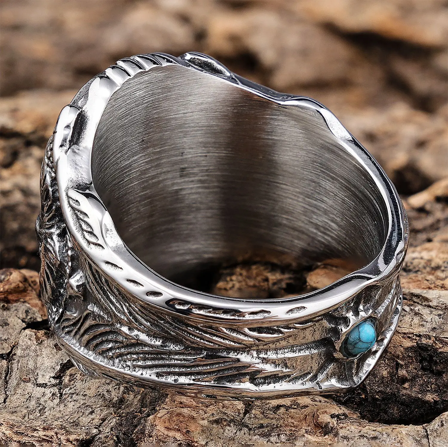 Retro 925 Silver Ring With Personalized Carved Pattern, Turquoise Ring, Eagle Blue Turquoise Men's Ring 3