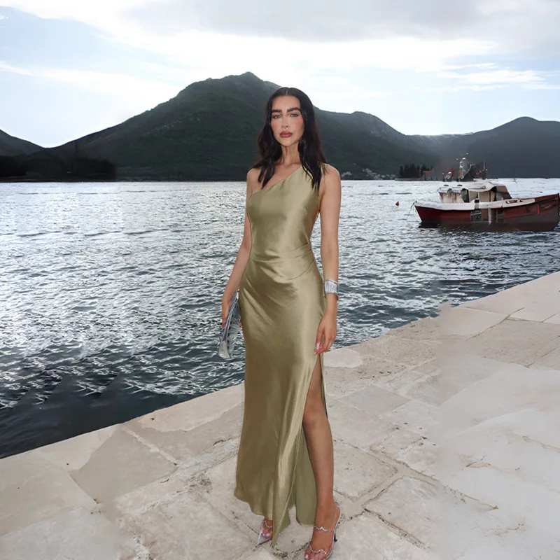 2026 Damen Sommer Sexy Party Einfarbiges Ärmelloses Rückenfreies Langes Kleid mit Hohem Schlitz Satin Maxi-Abendkleid für Hochzeitsgäste Cocktail-Events – Detail 40