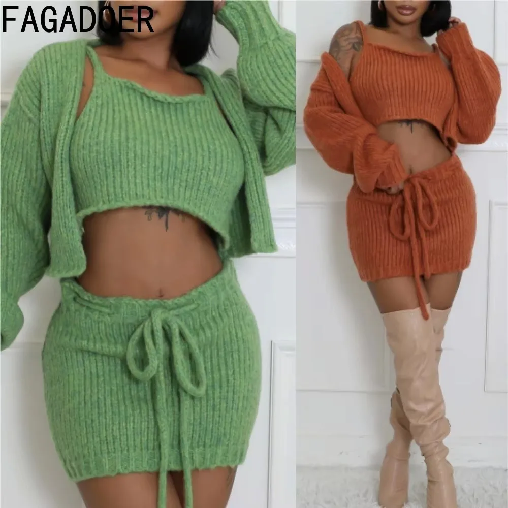 

FAGADOER Knitt Fashion 3 Piece Sets Women Outfit Solid Lantern Sleeve Sweater +vest +High Waist Mini Skirt Suits Autumn Winter