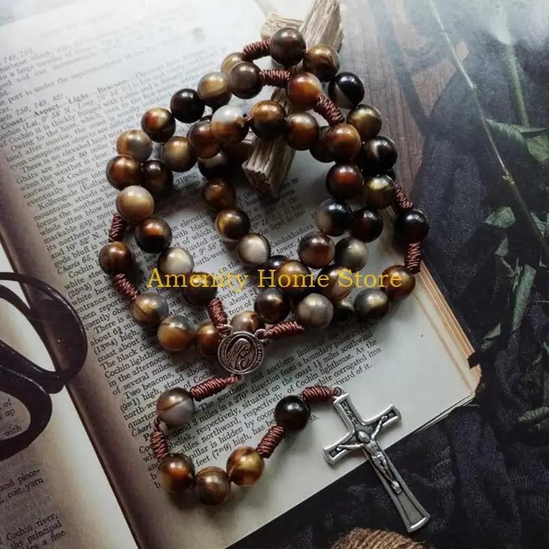 F26C Vintage Rosary Catholic Prayer Beads Necklace Christ Jesus for Cross Pendant Necklace Beaded Religious Jewelry