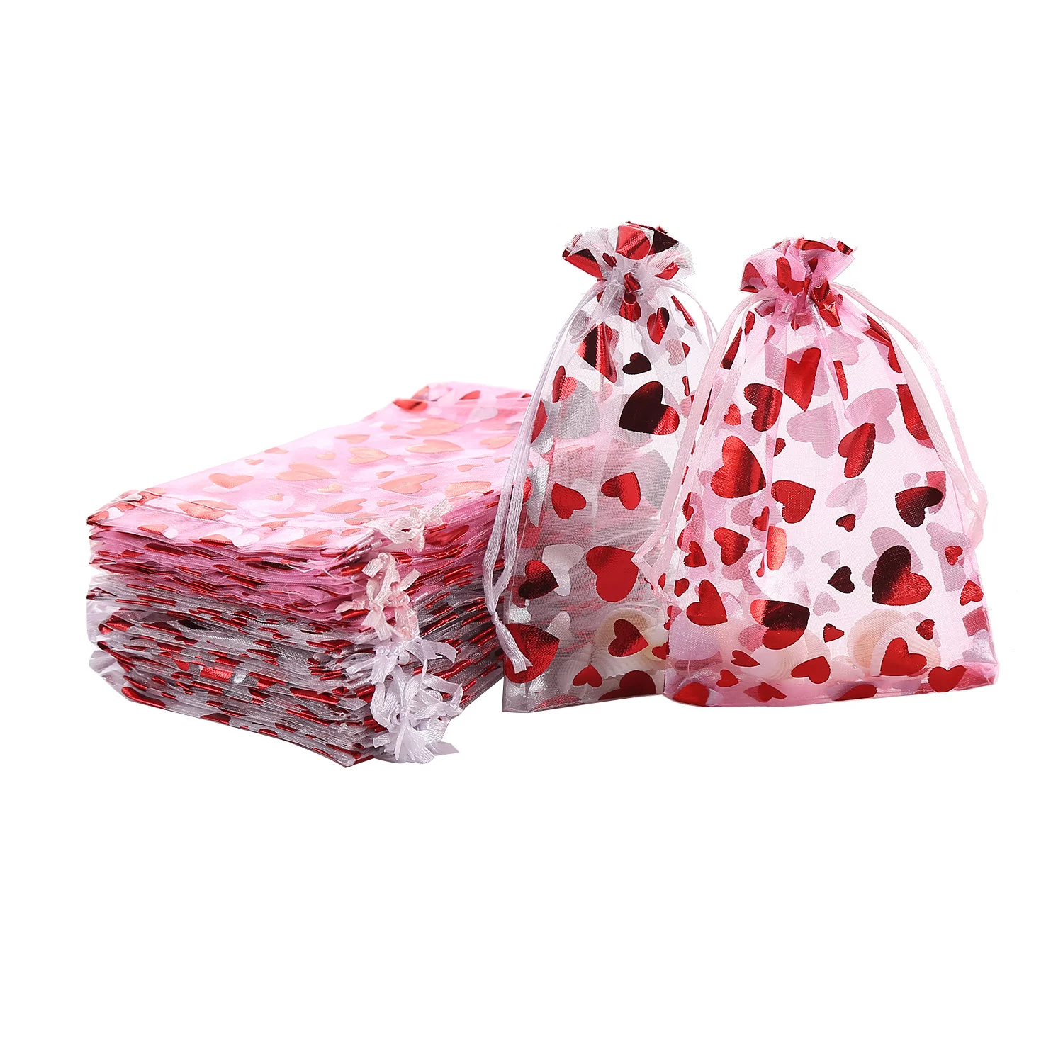 

50pcs heart-shaped gold-embossed organza bags Christmas Valentine's Day drawstring tied gift candy bags