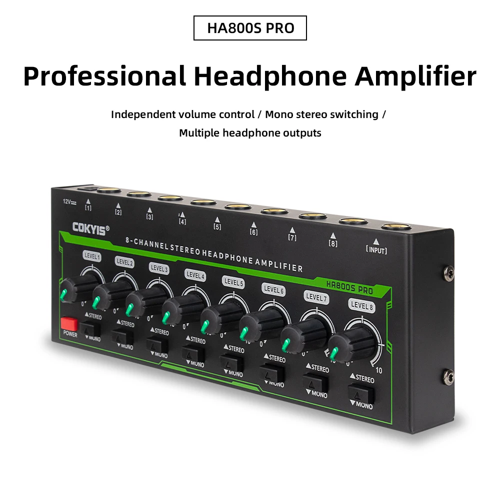 HA800S-PRO 8-Channel Headphone Amplifier with RGB Lighting Ultra-Low Noise High Fidelity Audio for Professional Studio Use