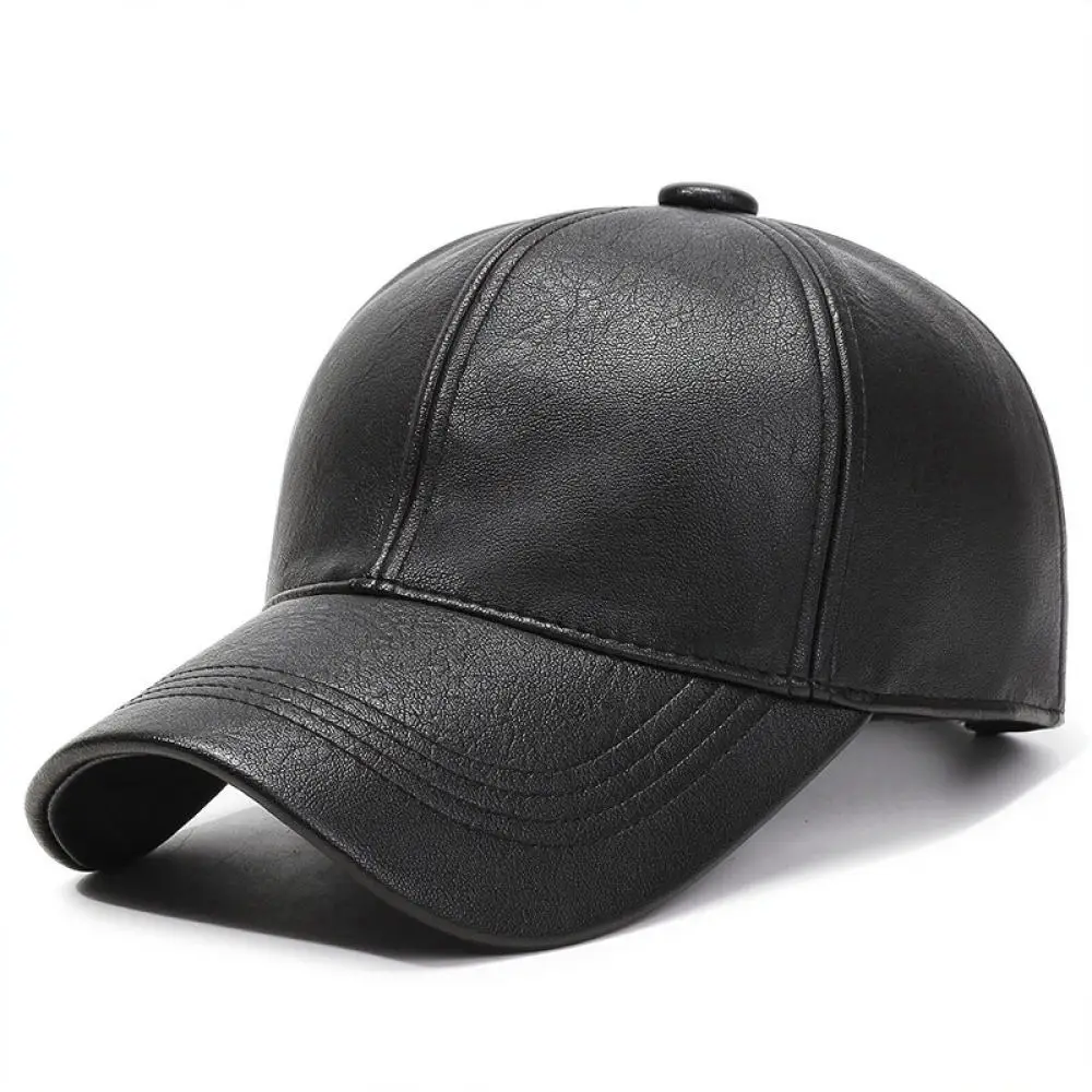 Outdoor Warm Leather Cap Men Winter Fleece Lined Baseball Hat Adjustable PU Leather Solid Color Casual Daily Golf Hats