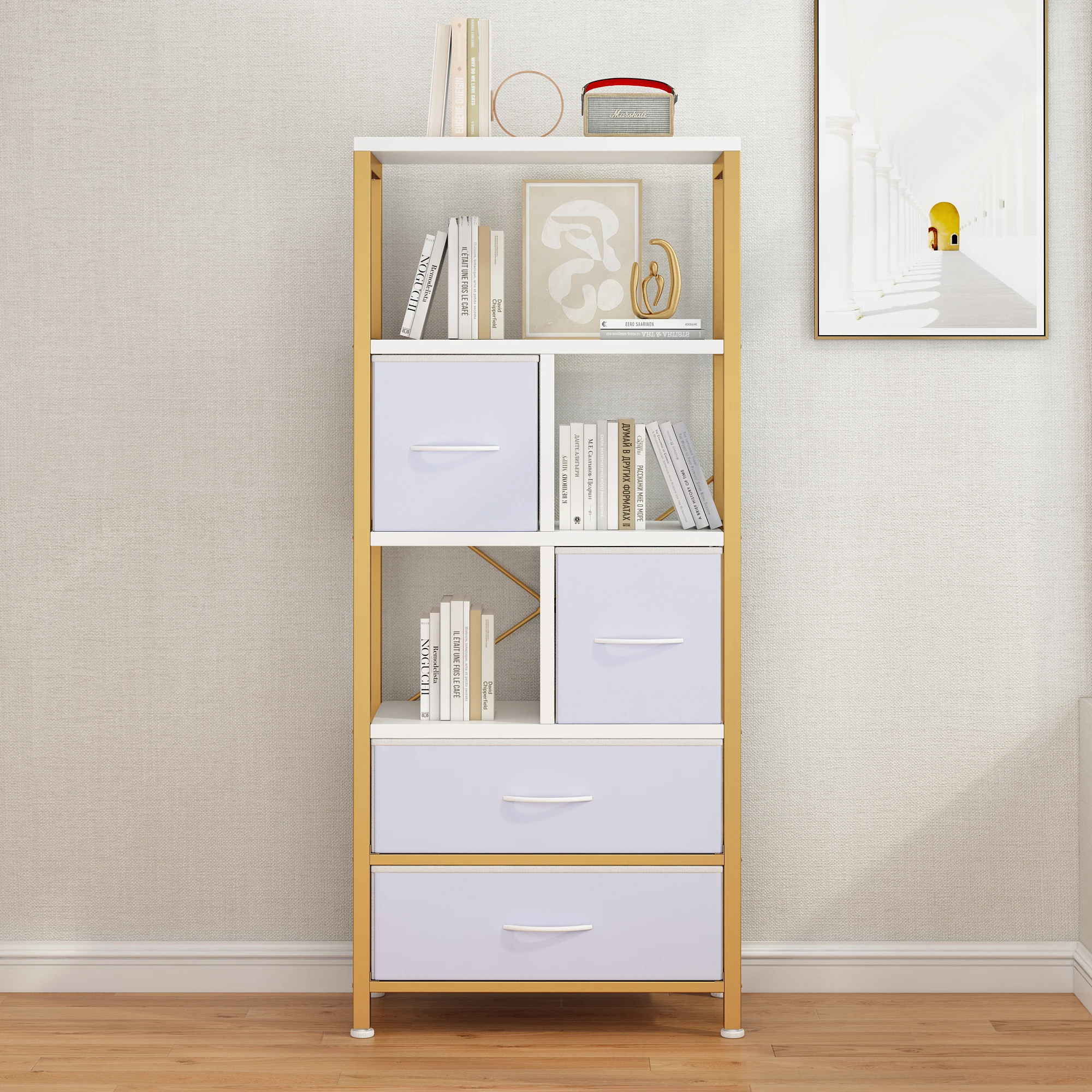 5 layers with 4 drawers bookshelf particle board iron frame non-woven fabric 60*30*147cm gold frame white plate