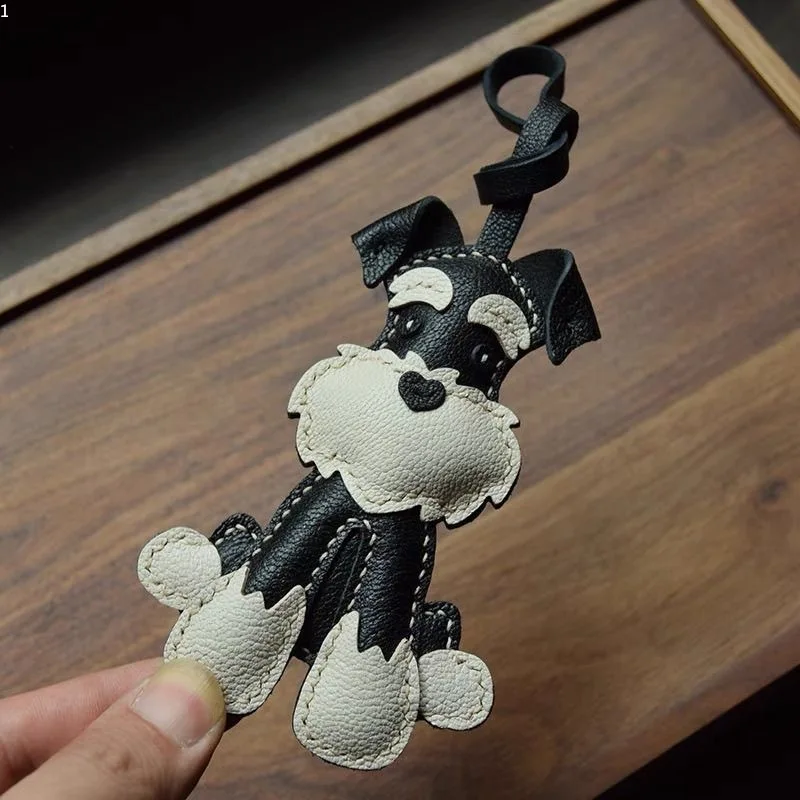 Dog Schnauzer Pendant Genuine Leather Creative Keychain Dog Handmade Cute Car Leather Gift Bag Pendant