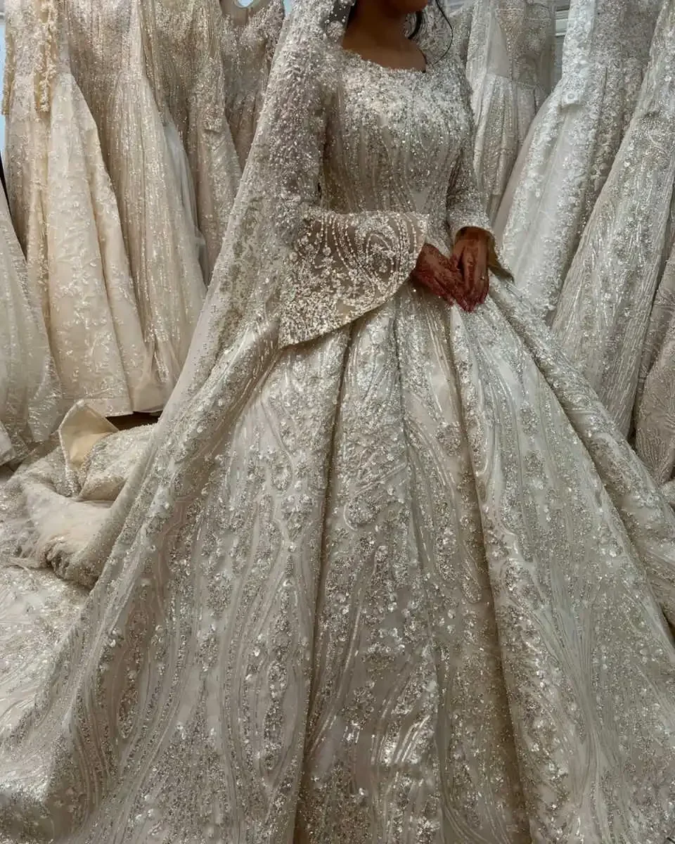 

Роскошные мусульманские свадебные платья с жемчужной вышивкой, бальные платья, платья невесты на Ближнем Востоке, платье принцессы с рукавами, Vestido de novia, по индивидуальному заказу