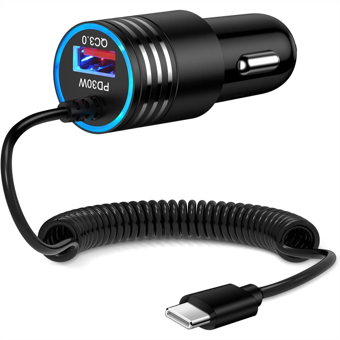 

48W PD QC USB C Fast Car Charger with Built-in Coiled Cable for iPhone, High-Speed Charging Convenience