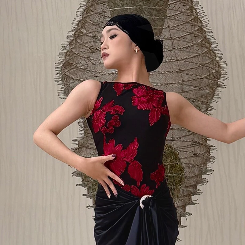 Nuovo Ballo Latino Magliette e camicette Retro Modello di Fiore Tuta Per Adulti Rumba Sala Da Ballo Abiti Da Ballo Pratica di Prestazioni Dancewear DNV26004