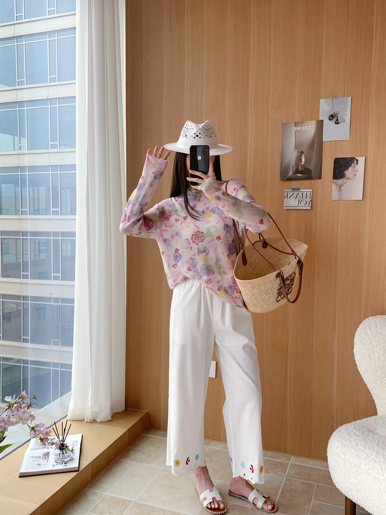 

Весенний кашемировый свитер с акварельным цветочным принтом, свободный крой, длинный рукав, женский пуловер JNBY, повседневный стиль, вязаный свитер I3