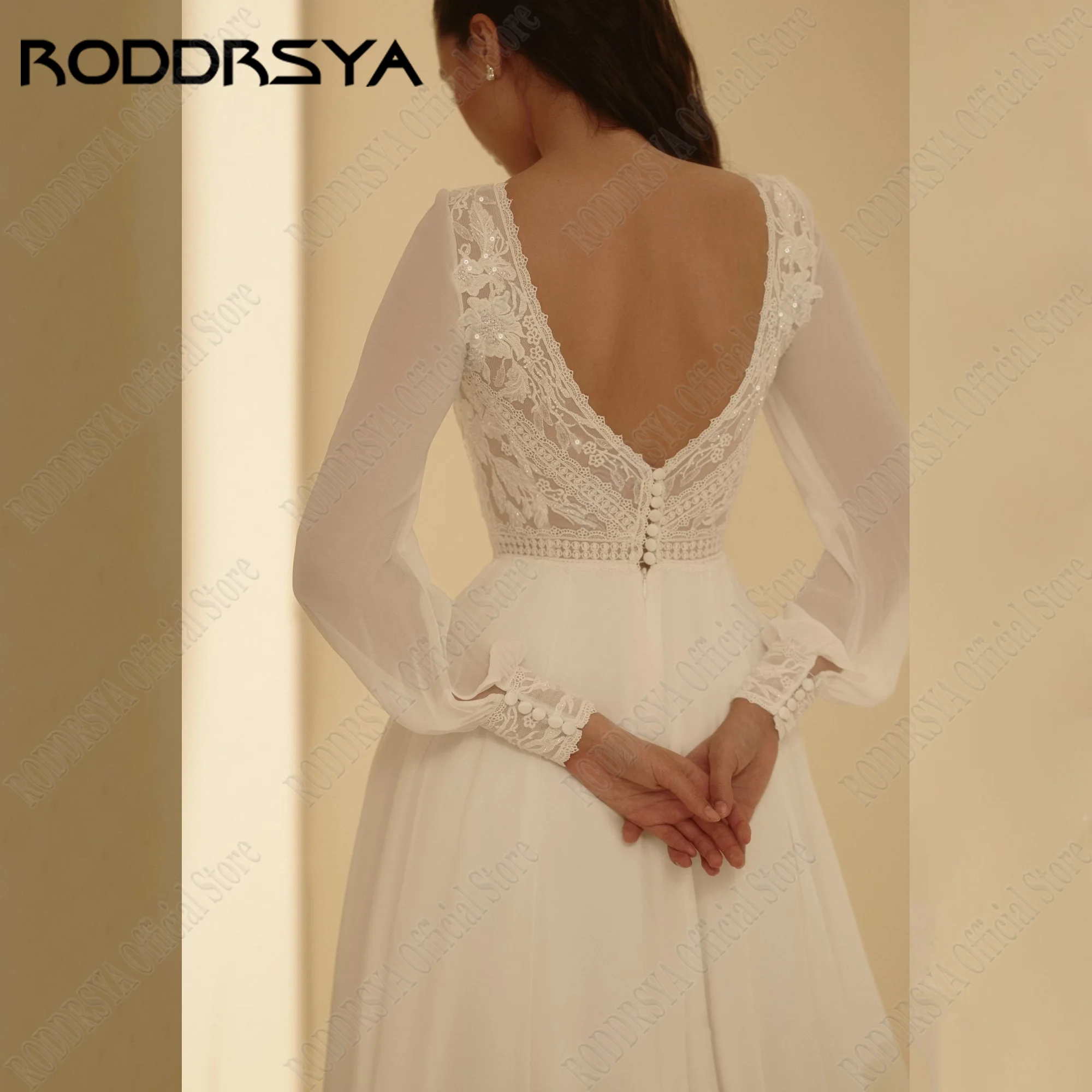 RODDRSYA O-hals pofmouwen trouwjurk voor vrouw chiffon A-lijn rugloze elegante applique bruidsjurk Vestidos De Novias 2024RODDRSYA O-hals Puff Mouwen Bruidsjurk Voor Vrouw Chiffon A-Lijn Backless Elegante Applique Brui