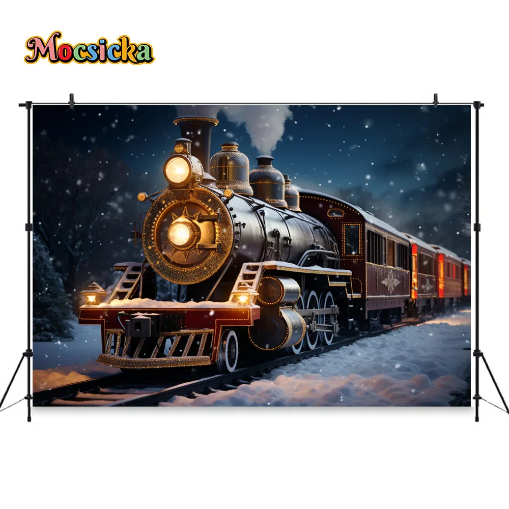 Santa Claus Winter Train Decor Background Photography Studio Props Christmas Snowy Night Light Glitter Backdrop Booth Kids Photo