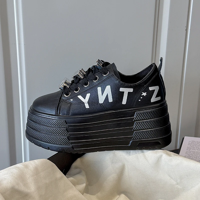 

Autumn Women Chunky Leather Sneakers High Platform Female Trainers 8CM Wedge Casual Shoes Autumn Lace-upskateboard Shoes Woman