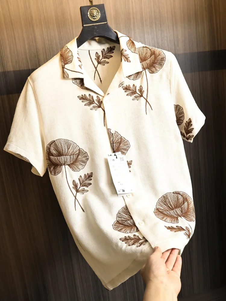 

Cool Feeling Cuban Collar Short Sleeve Embroidered Shirt Men's Fashion Summer Breathable Standard Fit Button up Casual Shirt
