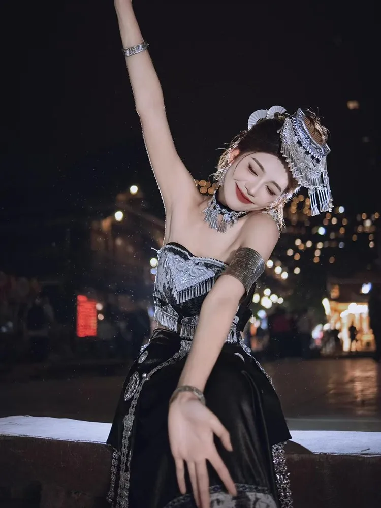 

Smoke-colored pearl-textured strapless ribbon long dress ethnic style performance costume