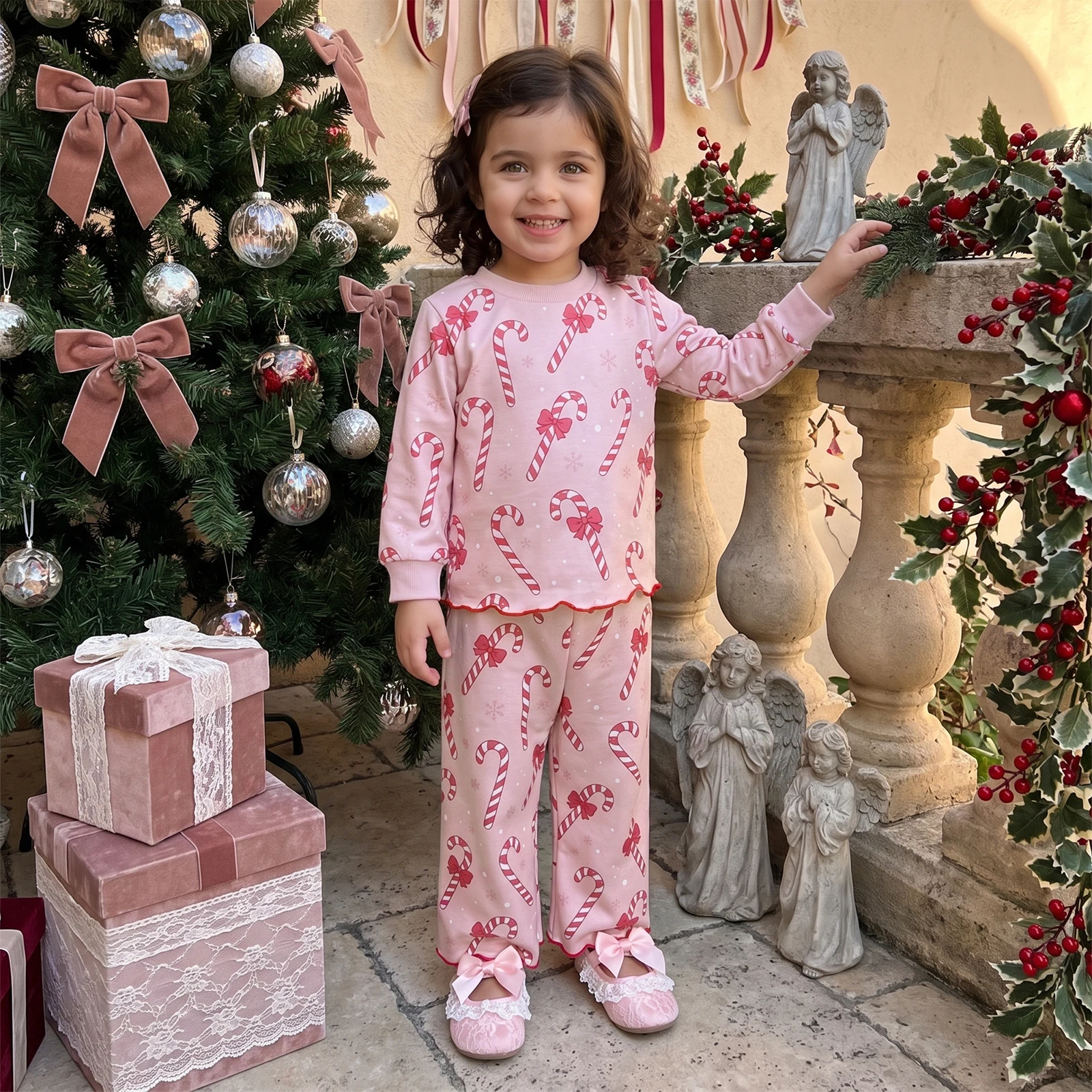 Tregren Toddler Infant Girl Christmas Outfits Cute Candy Cane Print Long Sleeve Tops and Long Pants 2pcs Sets Fashion Clothes