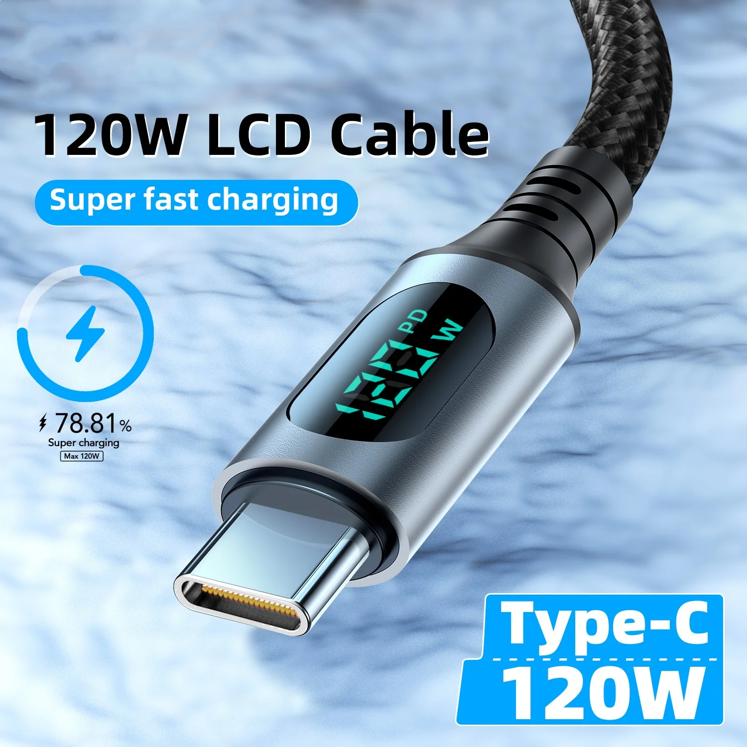 ANSEIP USB A To Type C Super Fast Charge Cable 6A 120W Nylon Data Cord For Xiaomi Redmi Samsung With Led Digital Display Cable