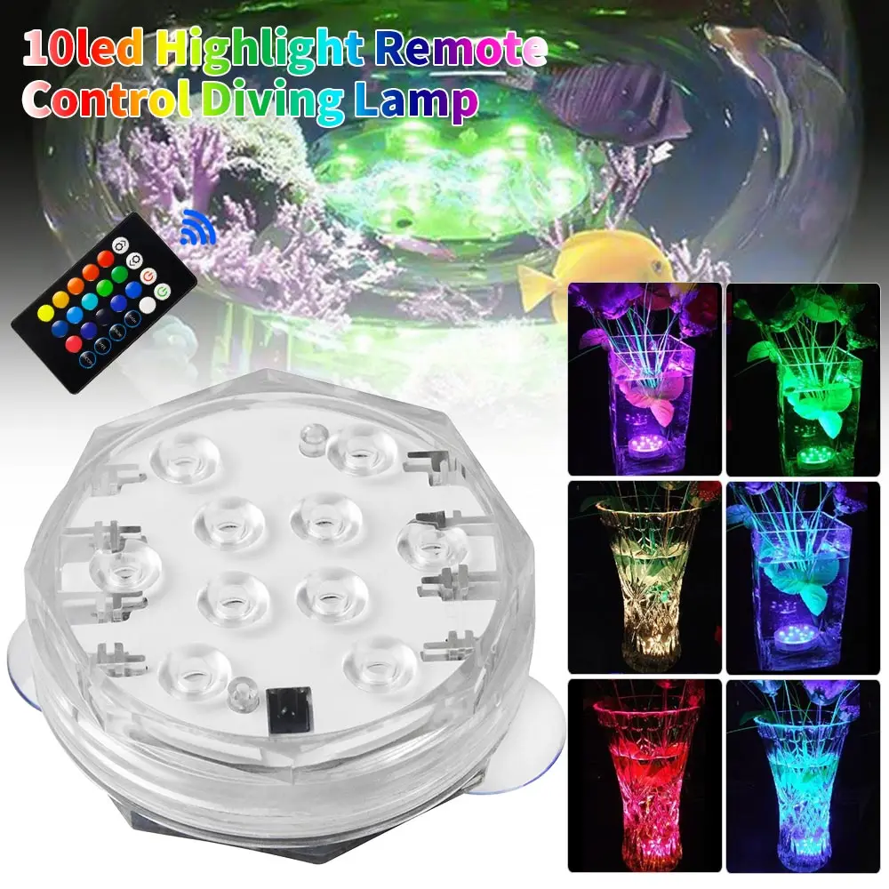 

10LED Underwater RGB Vase Fish Tank Pond Light Remote Control Night Light Swimming Pool Atmosphere Light for Garden Party