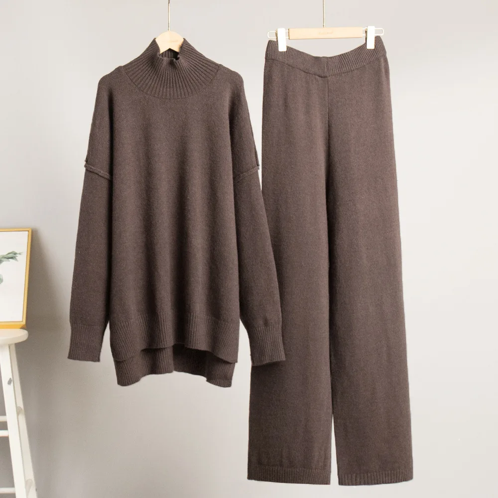 High Neck Sweater Set for Women in Europe and America, Autumn and Winter New Style, Loose, Casual, Lazy, Thick Knitted Pants Set