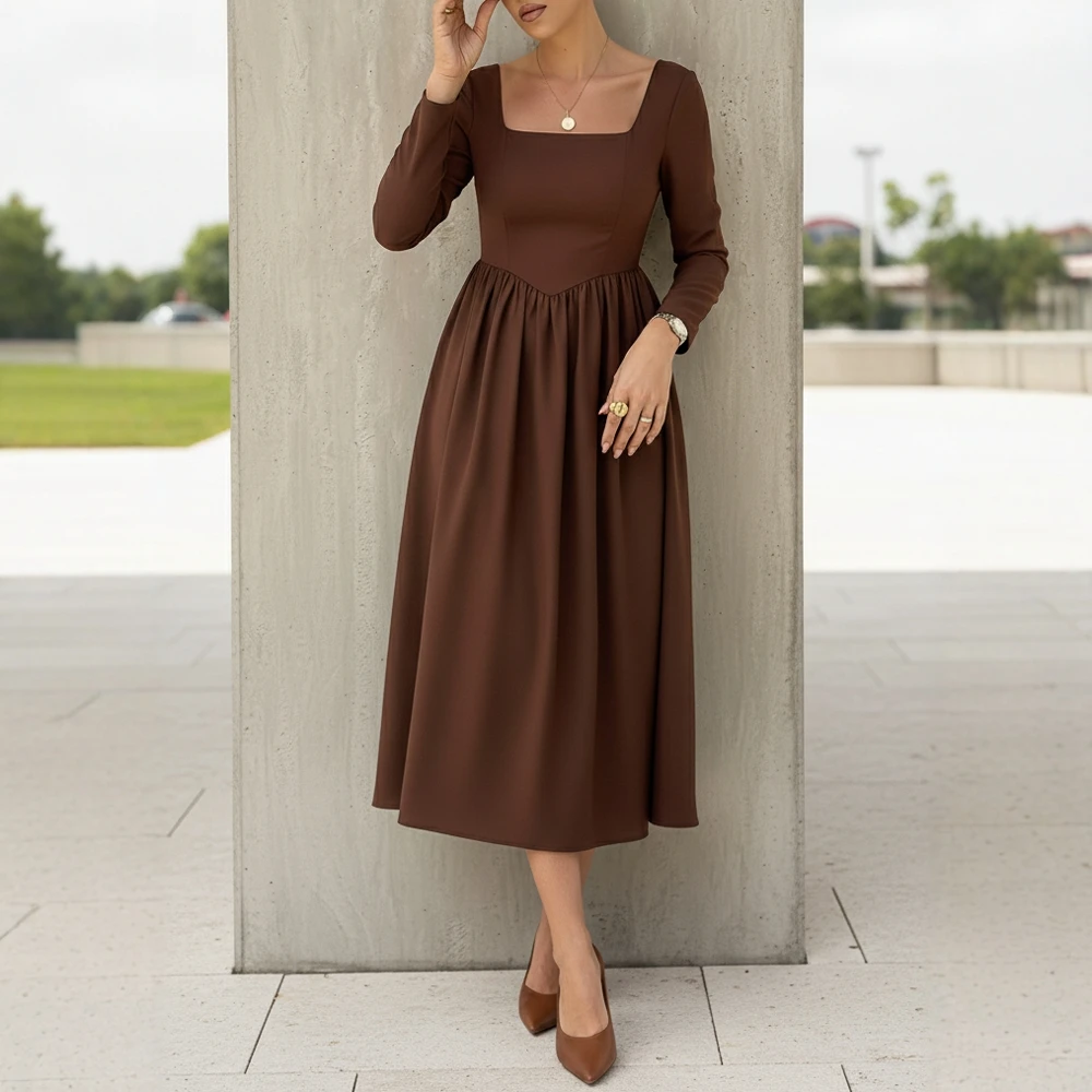 겨울 가을 슬림핏 미디 드레스 라운드 넥 스트레이트 슬리브 캐주얼 스타일 여성 스커트 타입 드레스 패셔너블 엘레강트