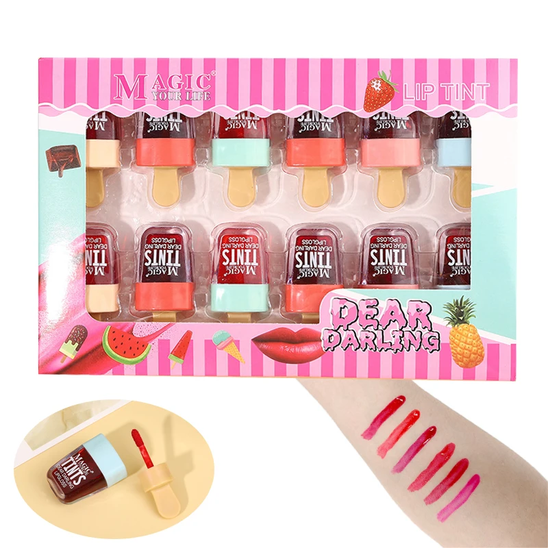 1 Box Cute Lip Gloss Ice Cream Design Liquid Lipsticks Set Waterproof Lip Tint Long Lasting Makeup Red Cosmetic Face Makeup