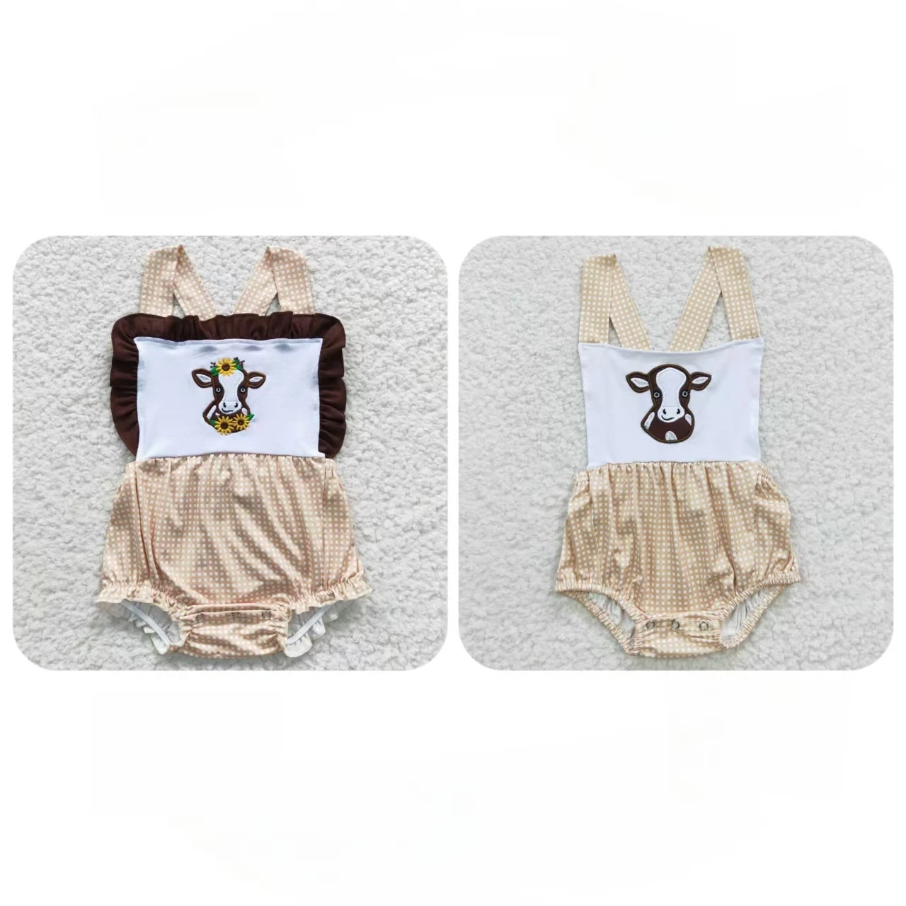Wholesale Toddler Newborn Summer Checked Short Sleeves Kids Children Embroidery Western Cow Bubble Romper Baby Boy Girl overalls