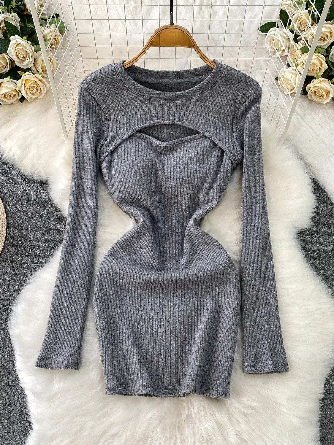 

Sexy Hollow out Knitted Slim Fit round Ne Dr Women's Autumn Winter High Waist A-Line Skirt Ci Commute Long Sve Dr