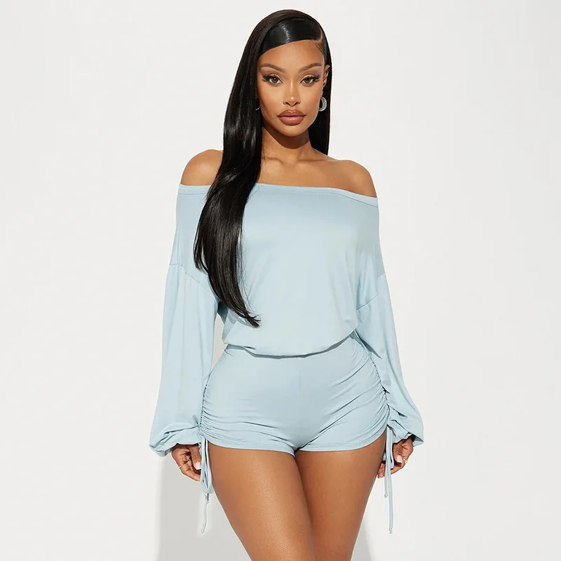 Europe and the United States fashion women's casual one-line neck off-the-shoulder long sleeve pleated drawstring waist rompers