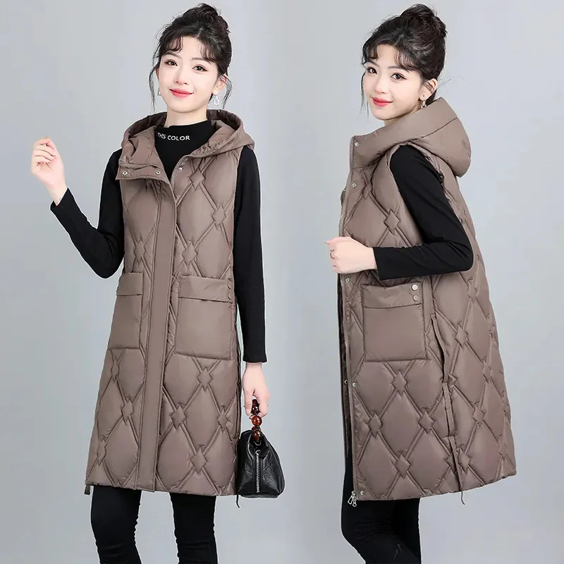 Novo outono inverno feminino para baixo colete de algodão jaqueta nova com capuz meados longo sem mangas jaqueta feminina casual topos chaleco mujer