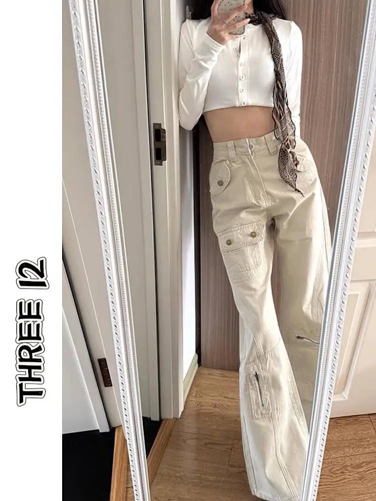 

Американские ретро-джинсы с множеством карманов, расклешенные, в рабочем стиле, женские, с высокой талией, прямые, широкие, в пол