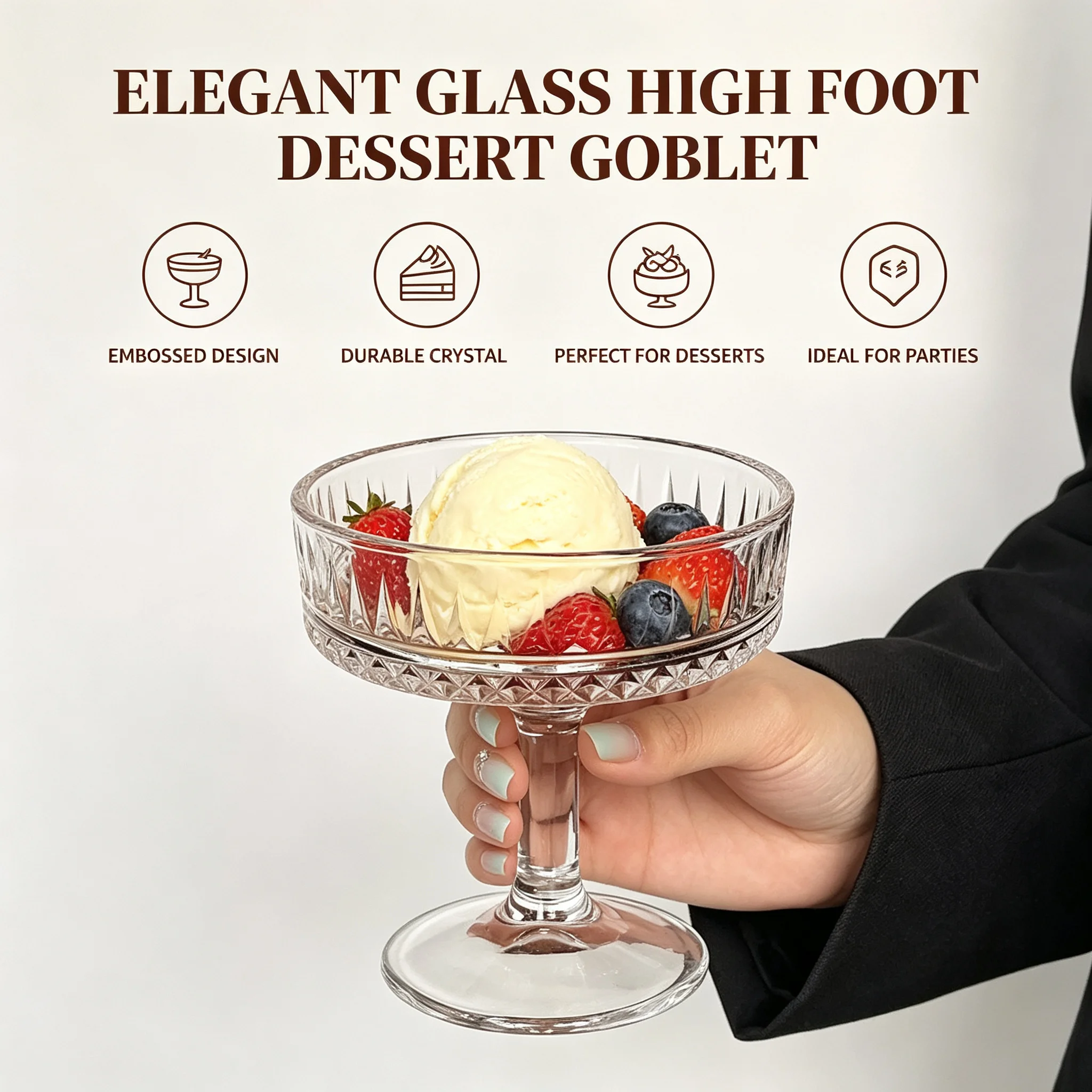 Elegant Glass High Foot Dessert Goblet for Ice Cream - Premium Durable Crystal Stemware for Cafe Restaurant Wedding Party Gift