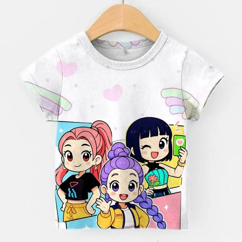 

2026 New Girls KPOP Print Short Sleeve T-Shirt Cute Cartoon Graphic Tee Kids Summer 3D Printed Breathable Comfortable Casual Top