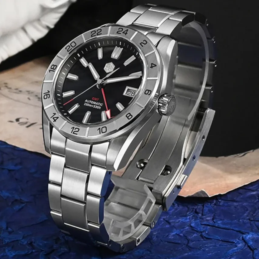 San Martin Men Automatic Watch 42MM GMT Mechanical Wristwatch Diver 100m Waterproof BGW9 Luminous Sapphire NH34 MOP Dial Date