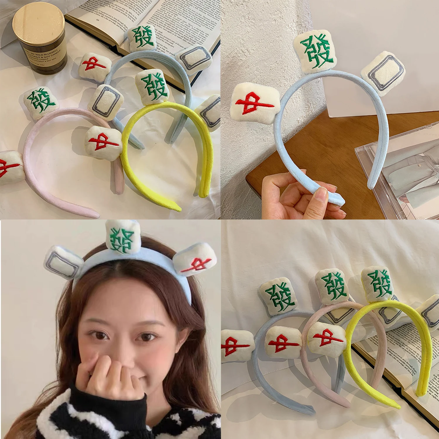 New Cute Funny Plush Mahjong Headband Women Girls Wide Side Hairbands Hair Hoop Non-slip Hair Accessories Girls Head Wrap