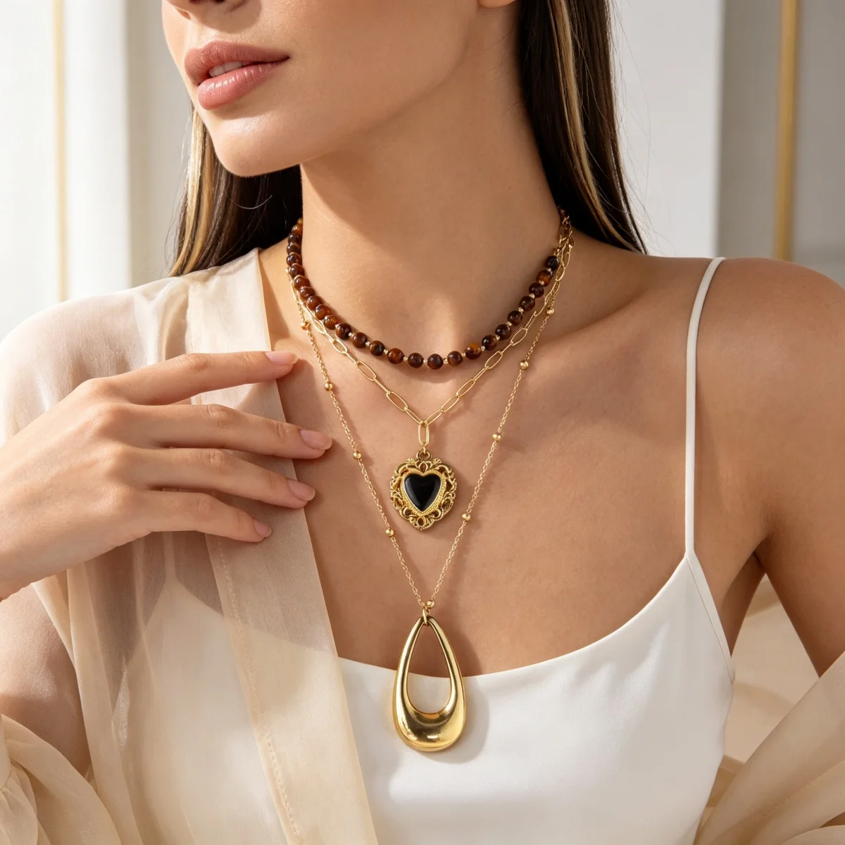 Retro Natürlicher Tigerauge-Stein Herz Hohler Wassertropfen Anhänger Halskette für Frauen Männer Mehrschichtige Tropfenform Stapelbare Choker-Schmuckstücke – Detail 12