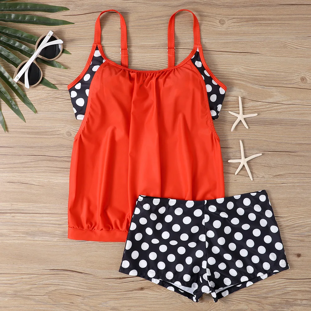 2 Piece Women's Plus Size Swimwear Spliced Polka Dot Print Split Trunks Swimsuit Summer 2025 New Casual Beachwear Bathing Suit