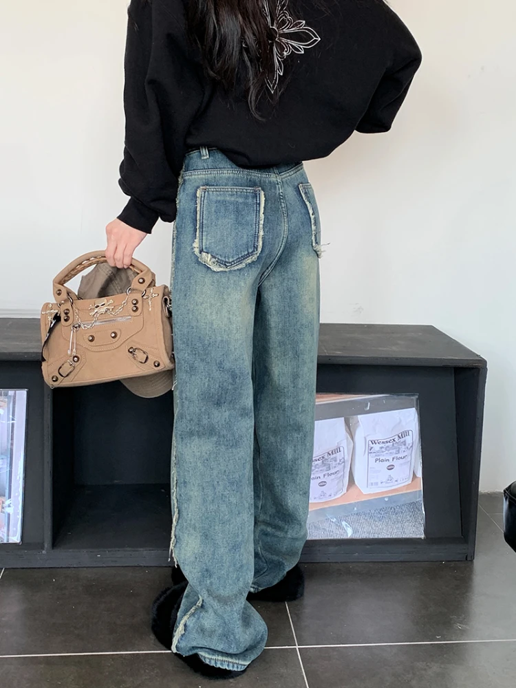 Mùa Đông Màu Xanh Vintage Quần Jean Nữ Dạo Phố Áo Quần Baggy Y2K Quần Đùi Denim Nữ Hàn Quốc Thời Trang Ấm Thẳng Quần Ống Rộng 2022