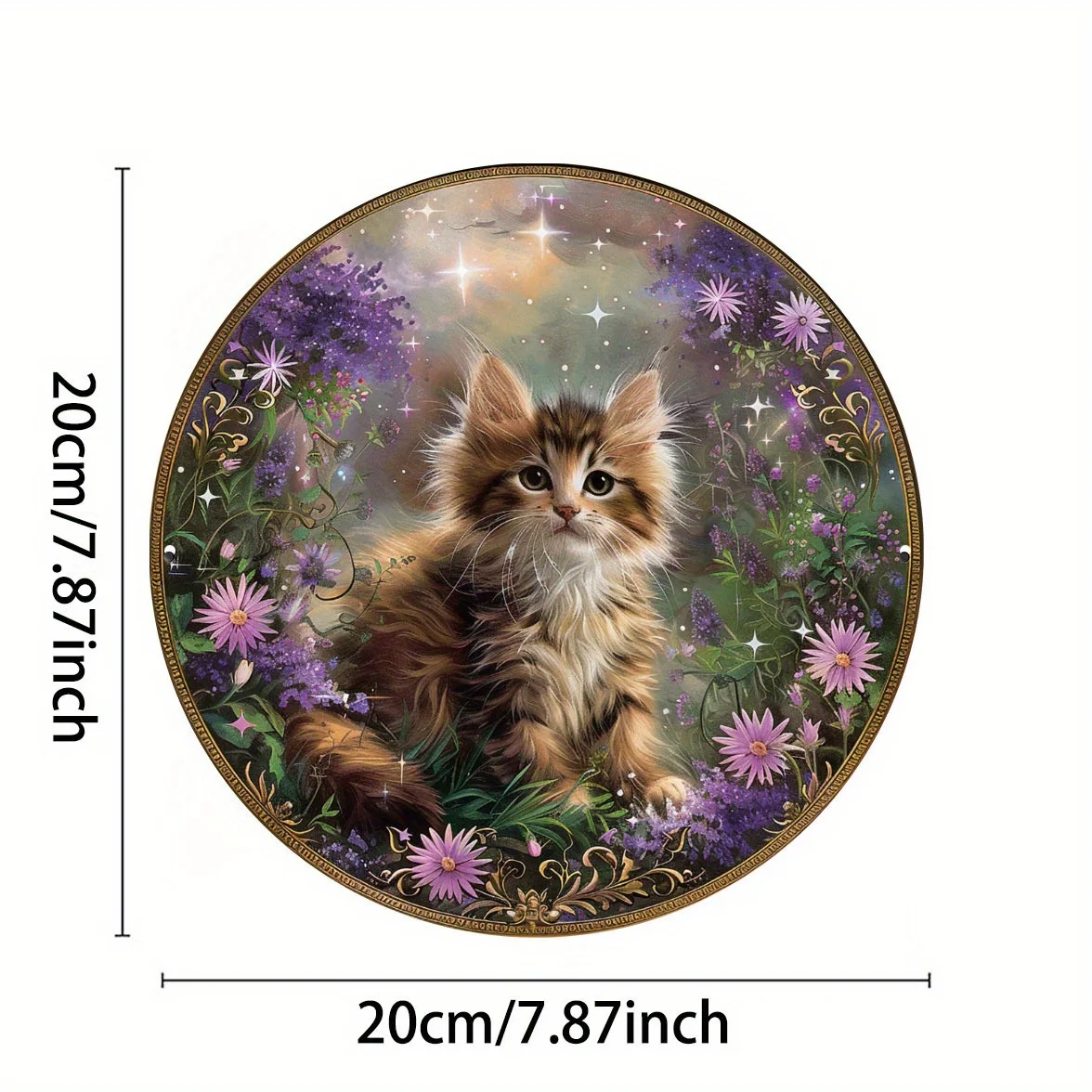 Room Decor Dreamy Purple Flower Cat Foil Engraving Wall Art, Round Aluminum Sign, Ideal for Bedroom, Living Space