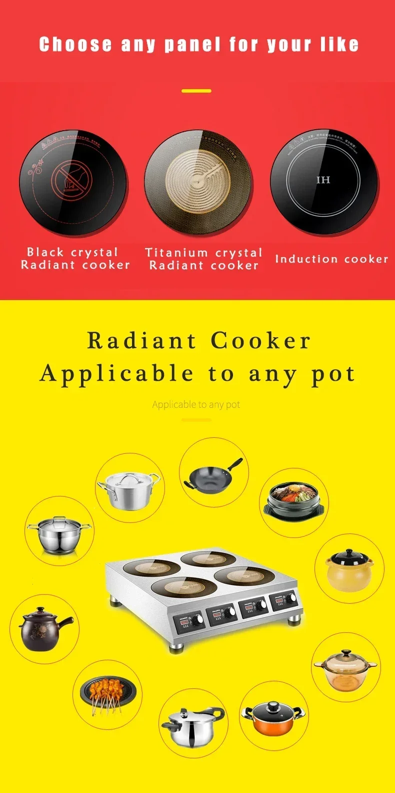 Cocina de Inducción de 4 quemadores, cocina radiante comercial, resistente al agua, máquina de cocina de acero inoxidable, estufa eléctrica personalizada, vitrocerámica