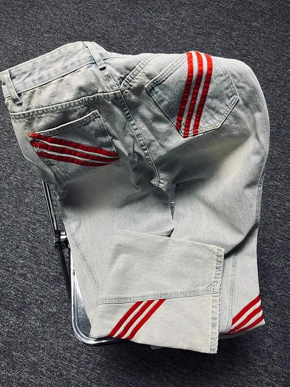

Retro American Striped Wide Leg Denim Jeans Women's High Street Waed Straight Cut Floor-Length Pants Autumn l Waist