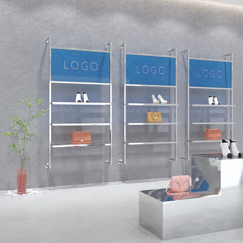 Shoe store shoe rack display rack, wall-mounted stainless steel silver rack, clothing store accessory display rack