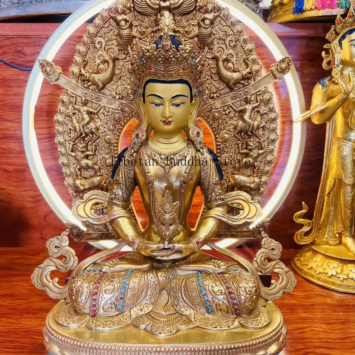 Longevity Buddha pure copper fine craftsmanship pure copper gilt household offering tantra one foot two Buddha statue ornament b