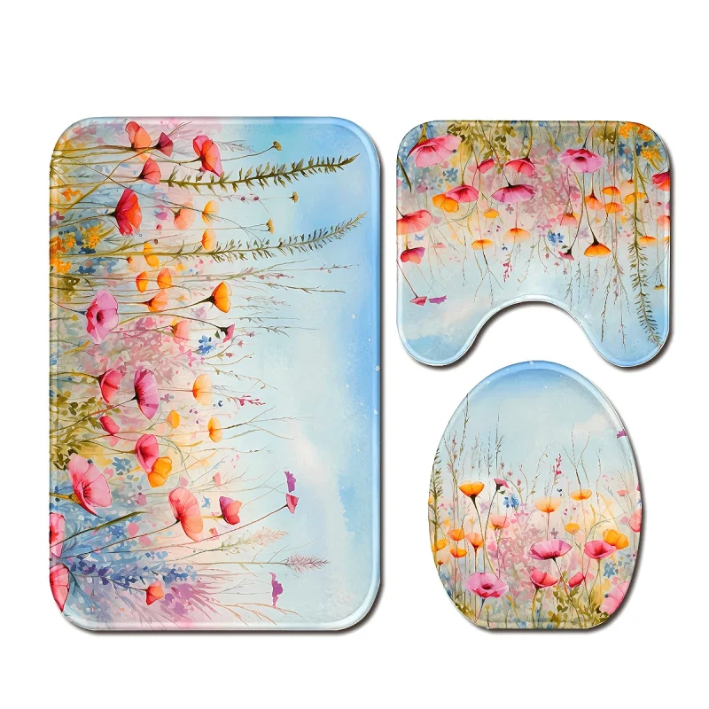 3 pcs/set beautiful fresh flower printed floor mat, three-piece bathroom mat set, non-slip mat, water-absorbent mat, toilet lid