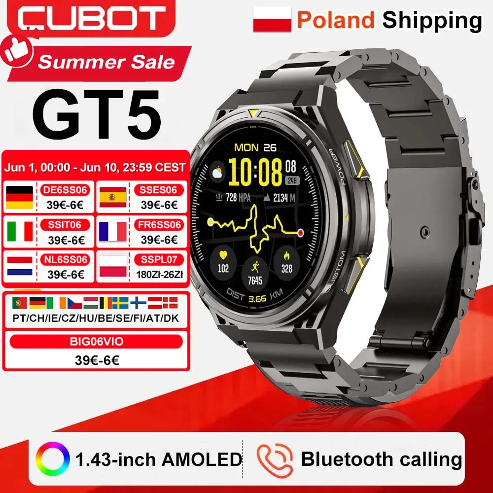 [Versand aus Polen] Cubot GT5 Smartwatch 5ATM Wasserdicht 1,43-Zoll AMOLED Blutsauerstoff-Fitness-Tracker Herzfrequenz GPS 500mAh Bis zu 30 Tage Akkulaufzeit